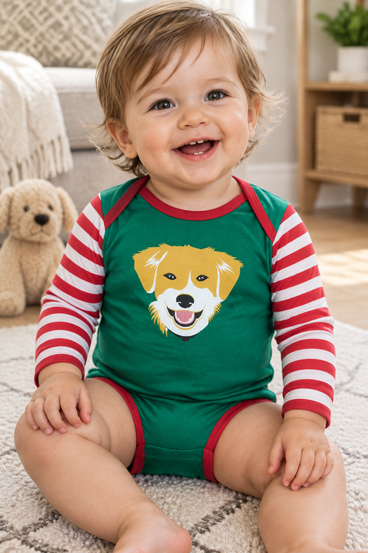 Green baby onesie with dog graphic and red-and-white striped sleeves