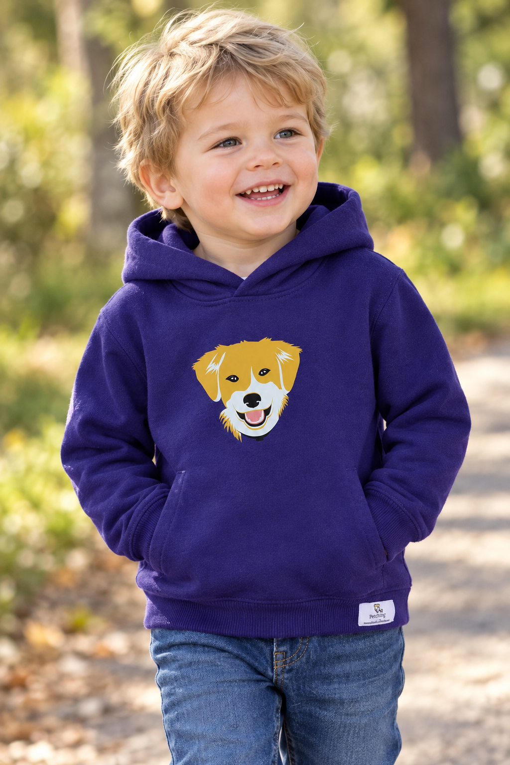 Purple pullover hoodie with front dog graphic and kangaroo pocket