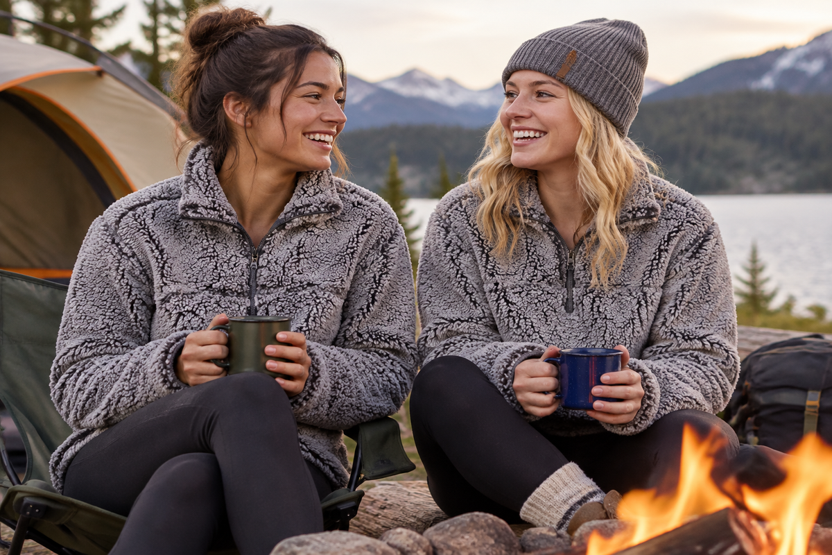 Gray sherpa quarter-zip fleece jacket with zip collar and long sleeves