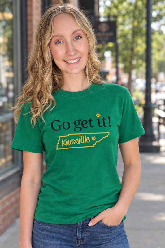 Green short-sleeve T-shirt with Knoxville outline graphic and Go get it!