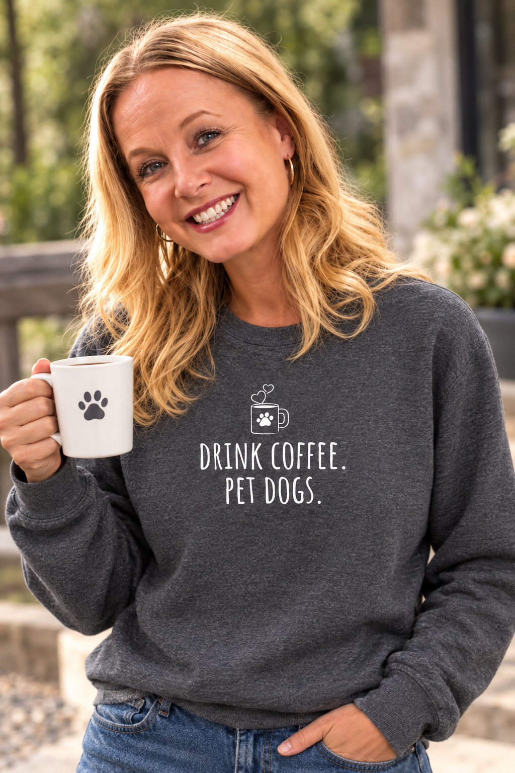 Dark gray pet-dog coffee slogan sweatshirt with paw print and cup graphic