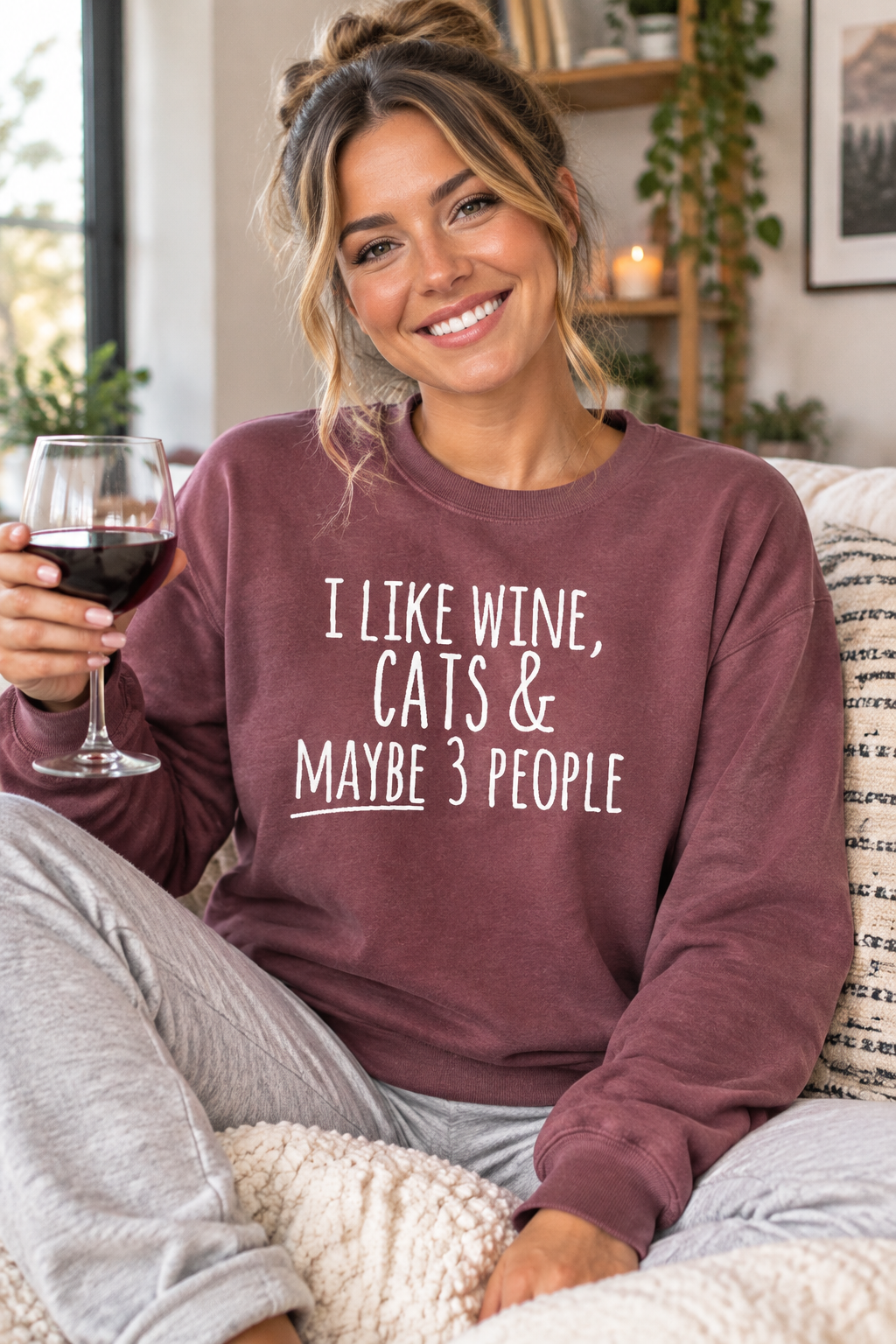Wine-themed sweatshirt in maroon with white “I LIKE WINE, CATS & MAYBE 3 PEOPLE” print