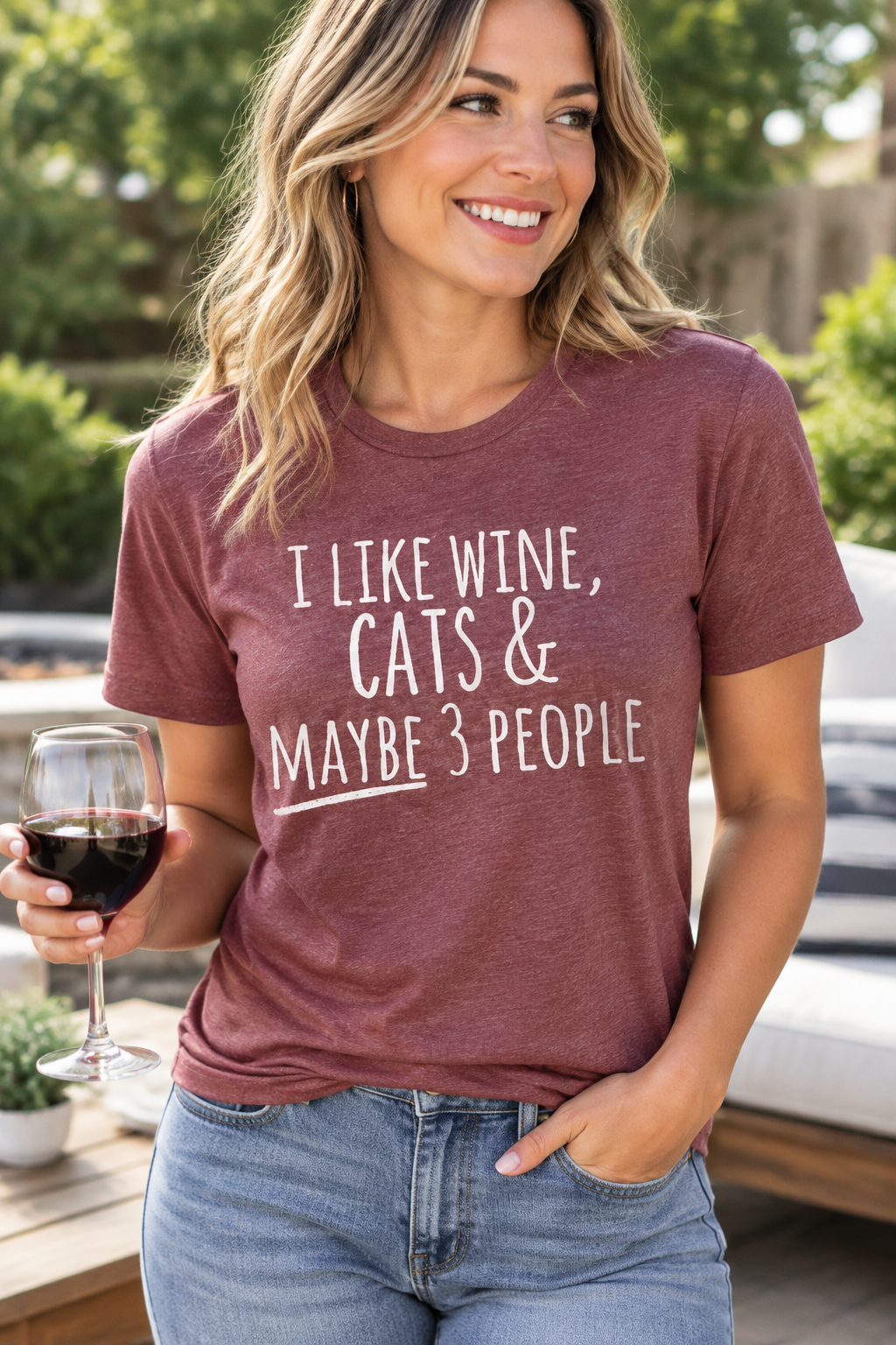 Maroon crew-neck graphic T-shirt with white text: I LIKE WINE, CATS & MAYBE 3 PEOPLE