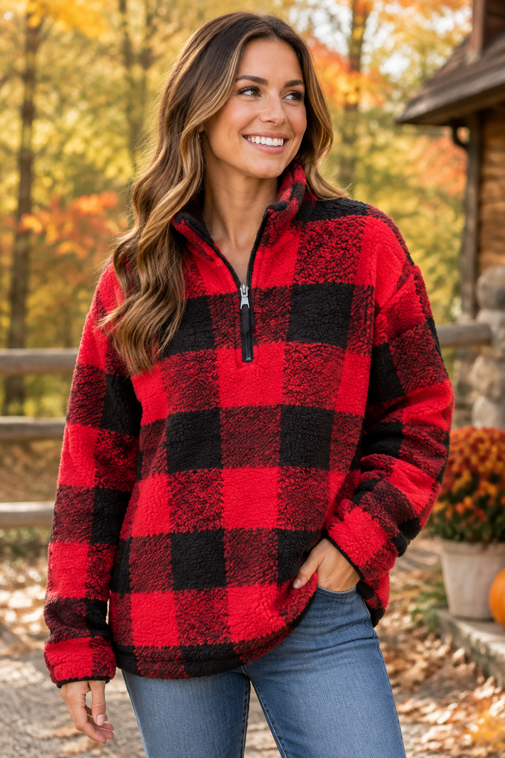 Red and black buffalo plaid quarter-zip fleece pullover sweater