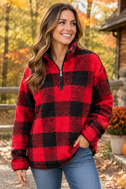 Red and black buffalo plaid quarter-zip fleece pullover sweater