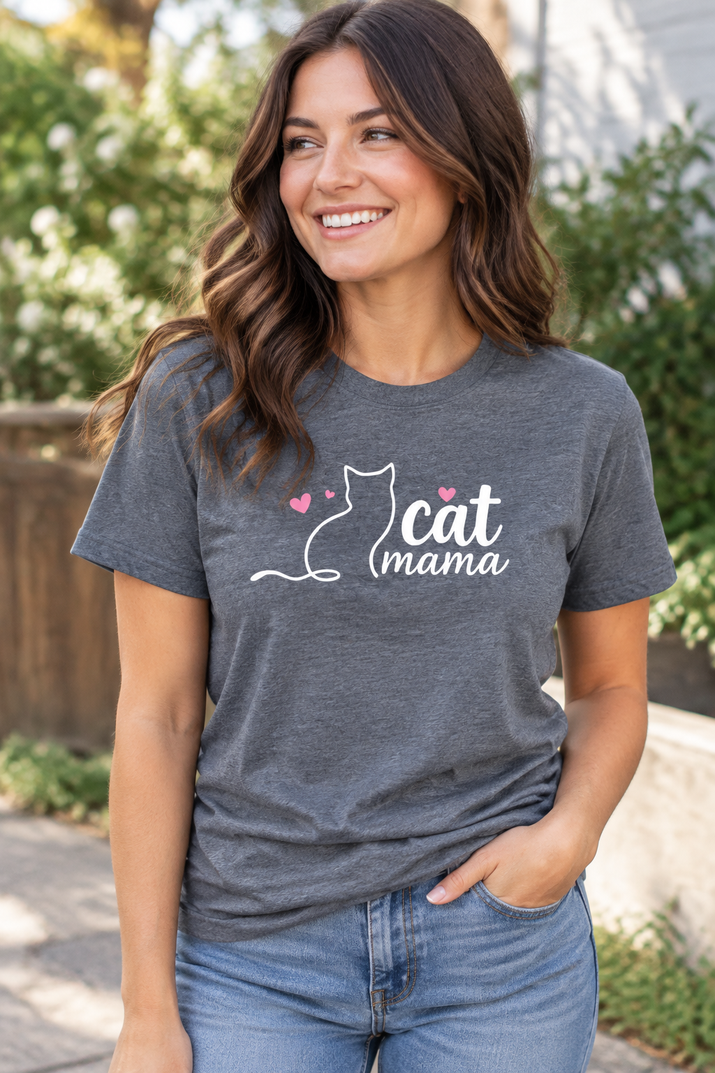 Women's gray t-shirt with white cat outline and 'cat mama' heart graphic