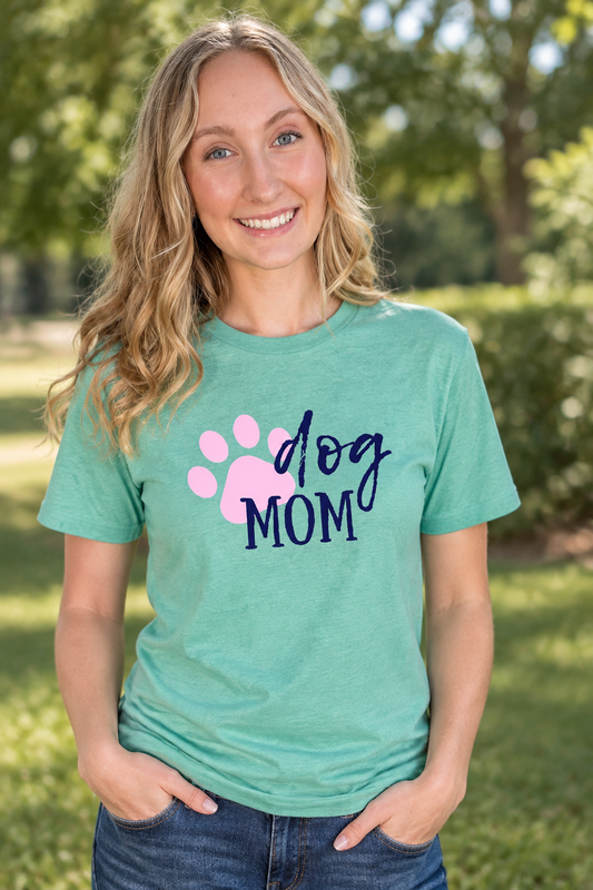 Teal dog mom T-shirt with pink paw print and 'Dog MOM' graphic