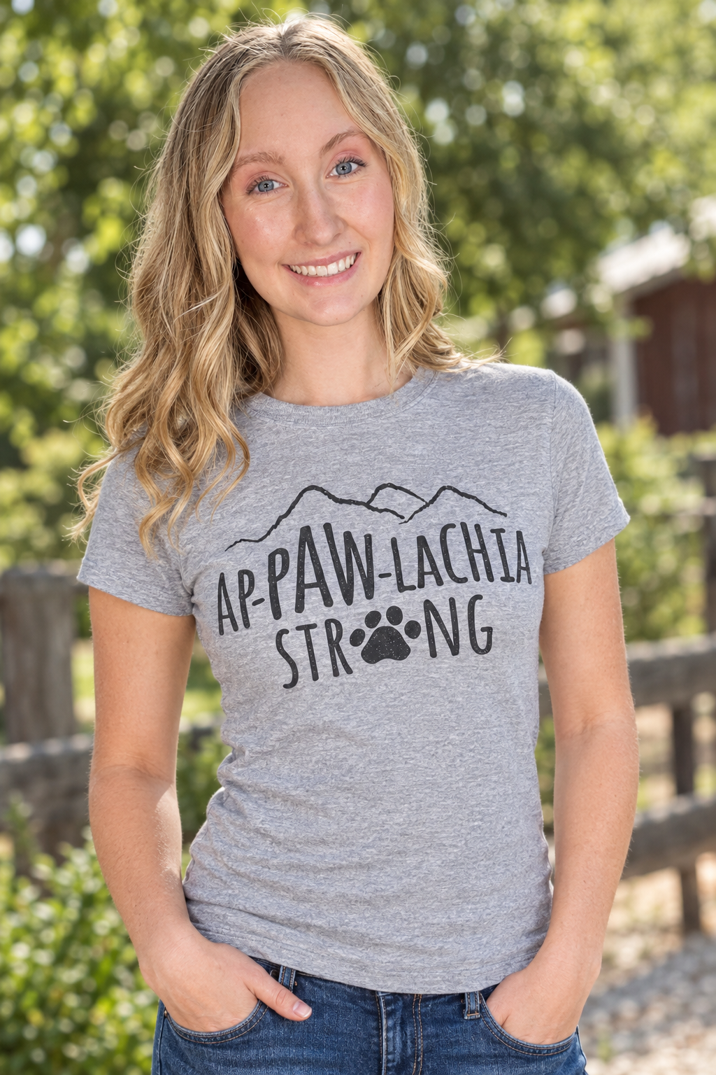 Gray crew-neck T-shirt with Ap-PAW-Lachia Strong mountain paw logo