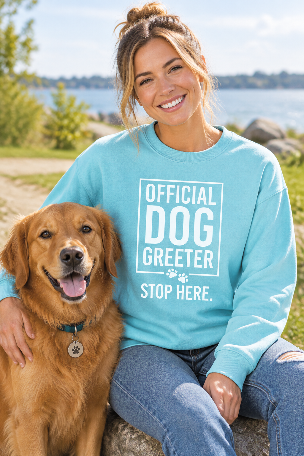 Light blue dog greeter sweatshirt with white OFFICIAL DOG GREETER STOP HERE print