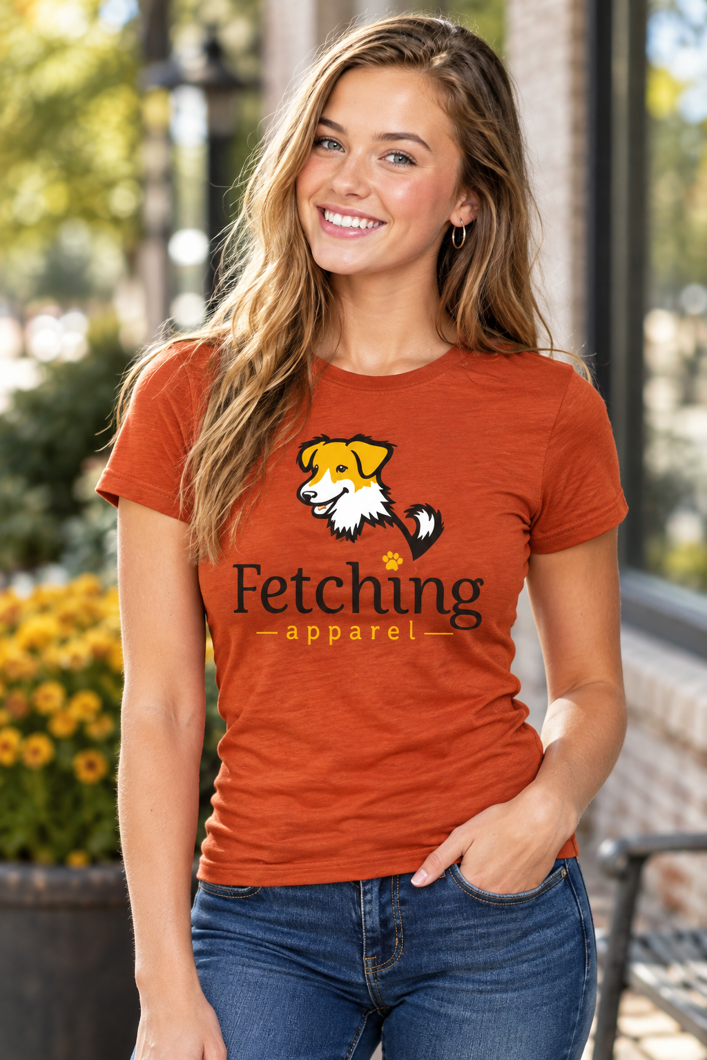 Rust orange fitted t-shirt with dog graphic and 'Fetching apparel' text, short sleeves