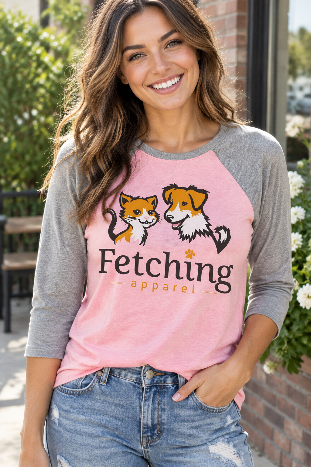 Pink and gray baseball tee with cat-and-dog graphic front, three-quarter sleeves