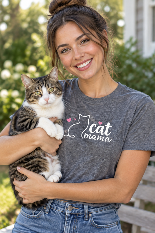 Women's gray t-shirt showing white 'cat mama' text and cat outline while holding cat