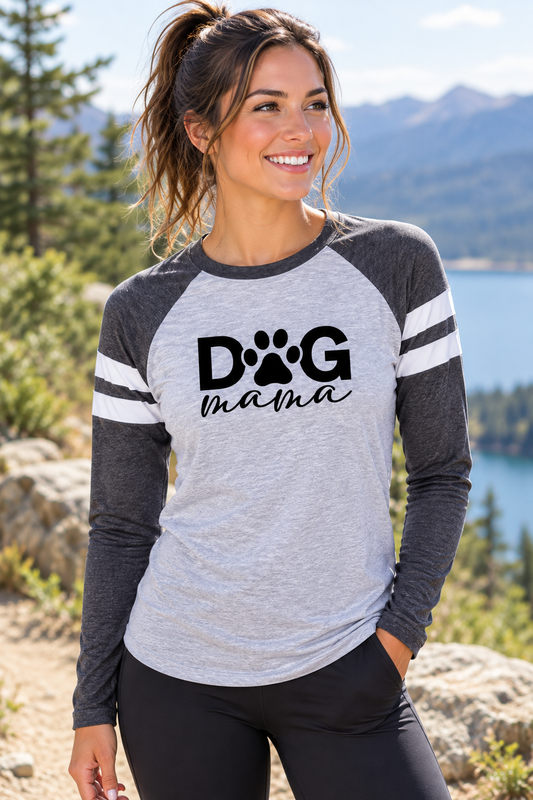 Women's raglan long-sleeve tee, heather gray and white, 'Dog Mama' paw print graphic
