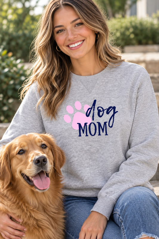 Heather gray crewneck sweatshirt with pink paw print and Dog Mom graphic