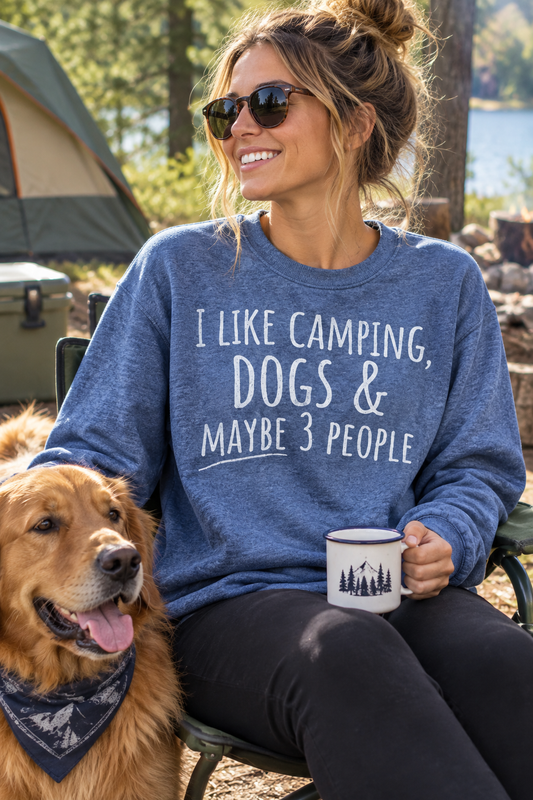 Blue crewneck sweatshirt with front text graphic: I LIKE CAMPING, DOGS & MAYBE 3 PEOPLE