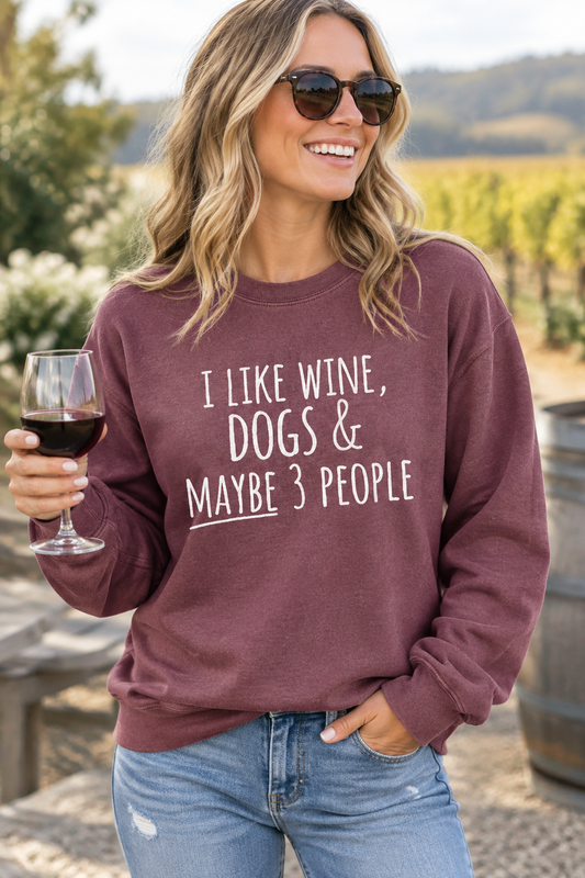 Maroon sweatshirt with white slogan: 'I like wine, dogs & maybe 3 people'