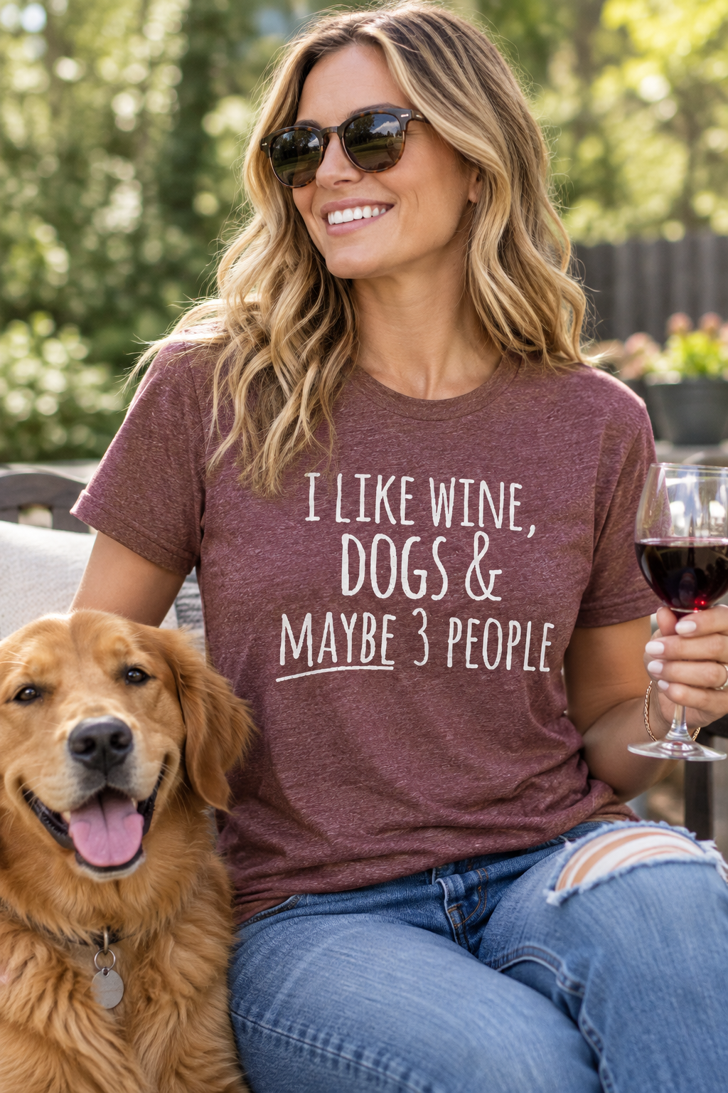 Maroon graphic T-shirt with 'I like wine, dogs & maybe 3 people' text