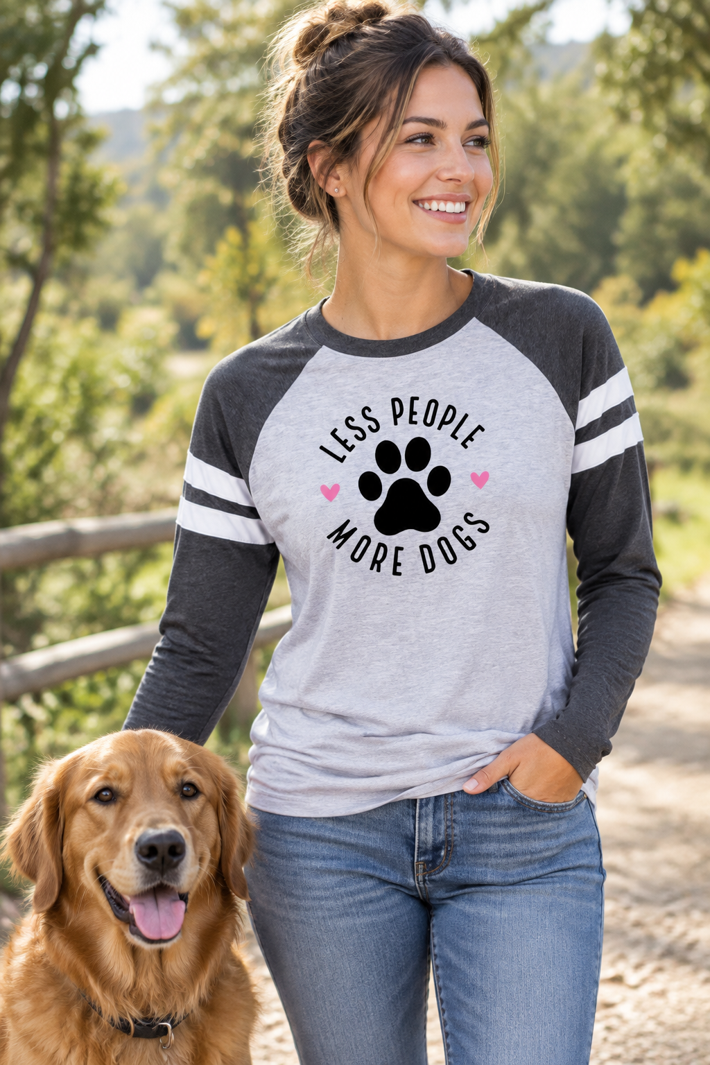 Raglan long-sleeve T-shirt, gray body and black sleeves, dog-paw text LESS PEOPLE MORE DOGS
