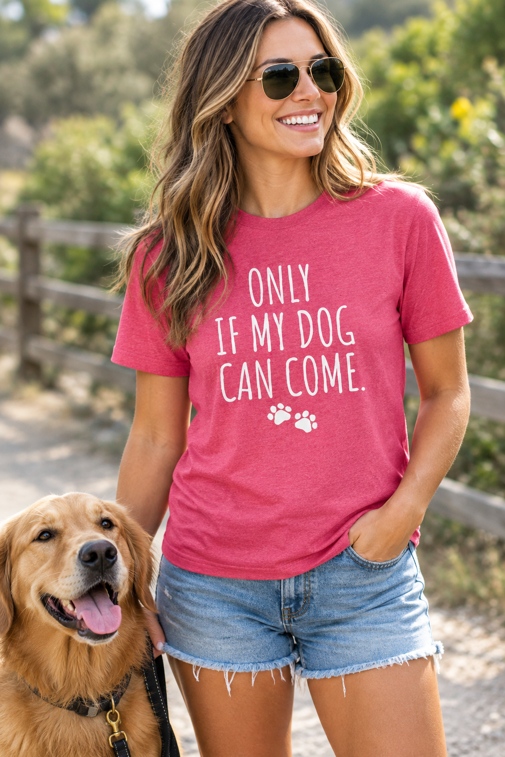 Pink crewneck T-shirt with white 'Only if my dog can come' text and paw print