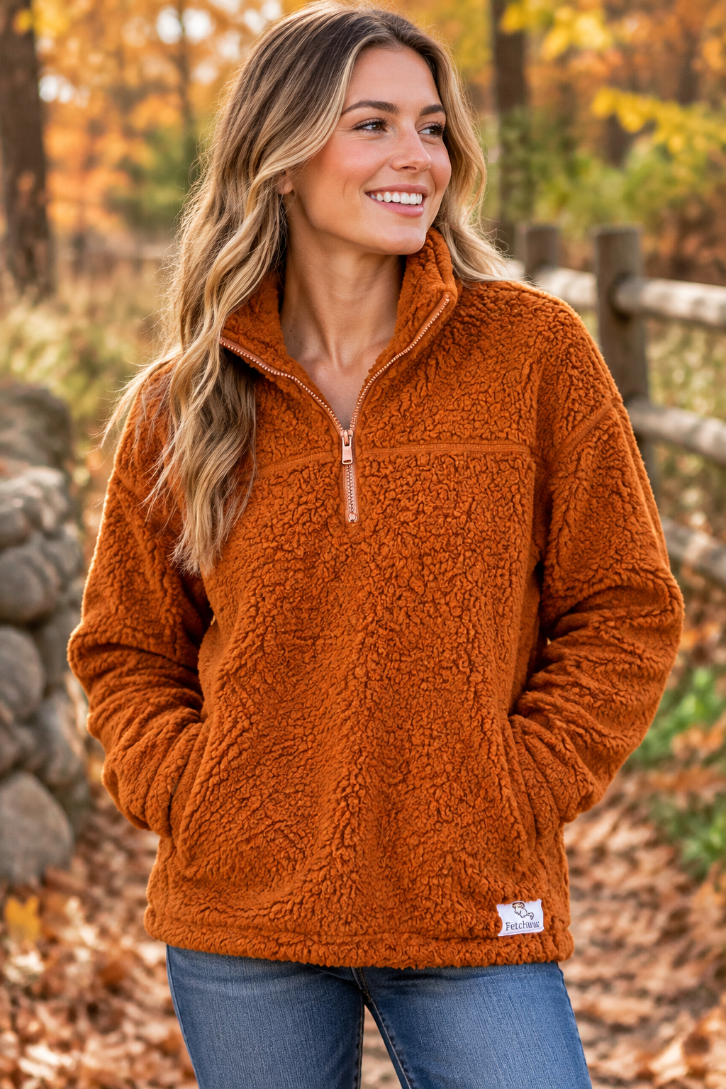 Orange sherpa quarter-zip pullover with half-length zipper and stand collar