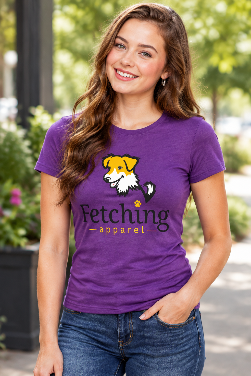 Purple fitted t-shirt with dog graphic and 'Fetching apparel' text, short sleeves