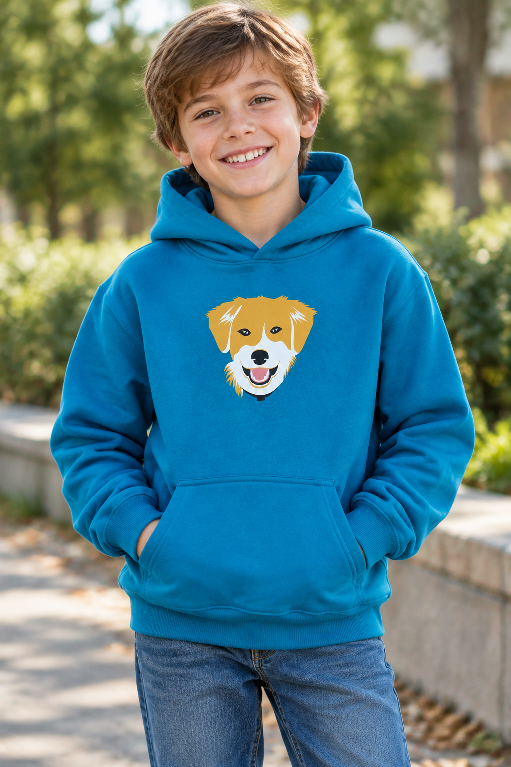 Blue pullover hoodie with front dog graphic and kangaroo pocket