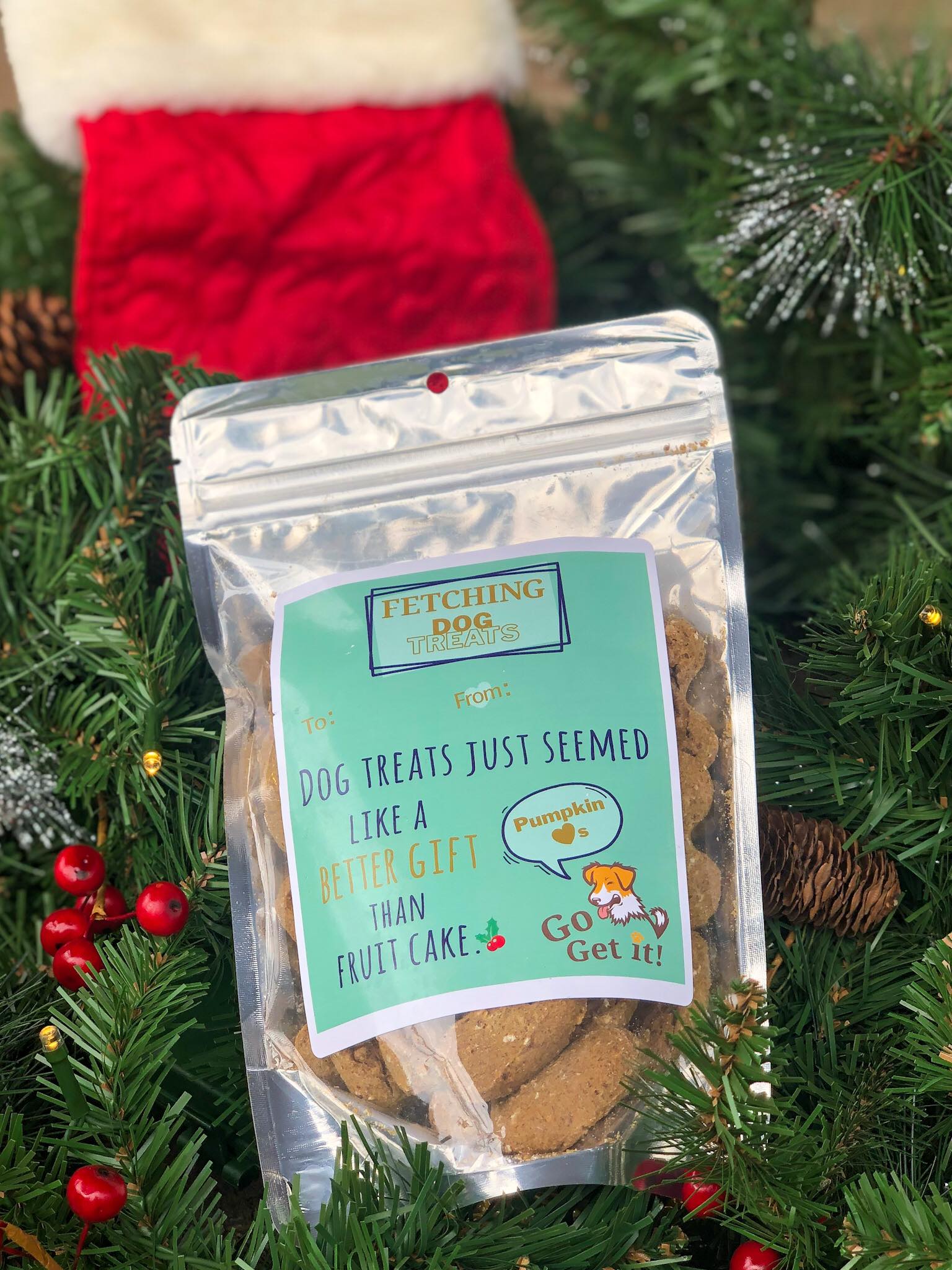 Fetching Apparel has giftable dog treats with fun messages! We donate 20% of profits to animal rescues!